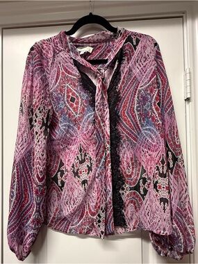 Atelier XL Boho Sheer Blouse Pink Paisley Lace Tie Neck Top